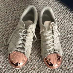 Cream suede copper toe adidas sneakers